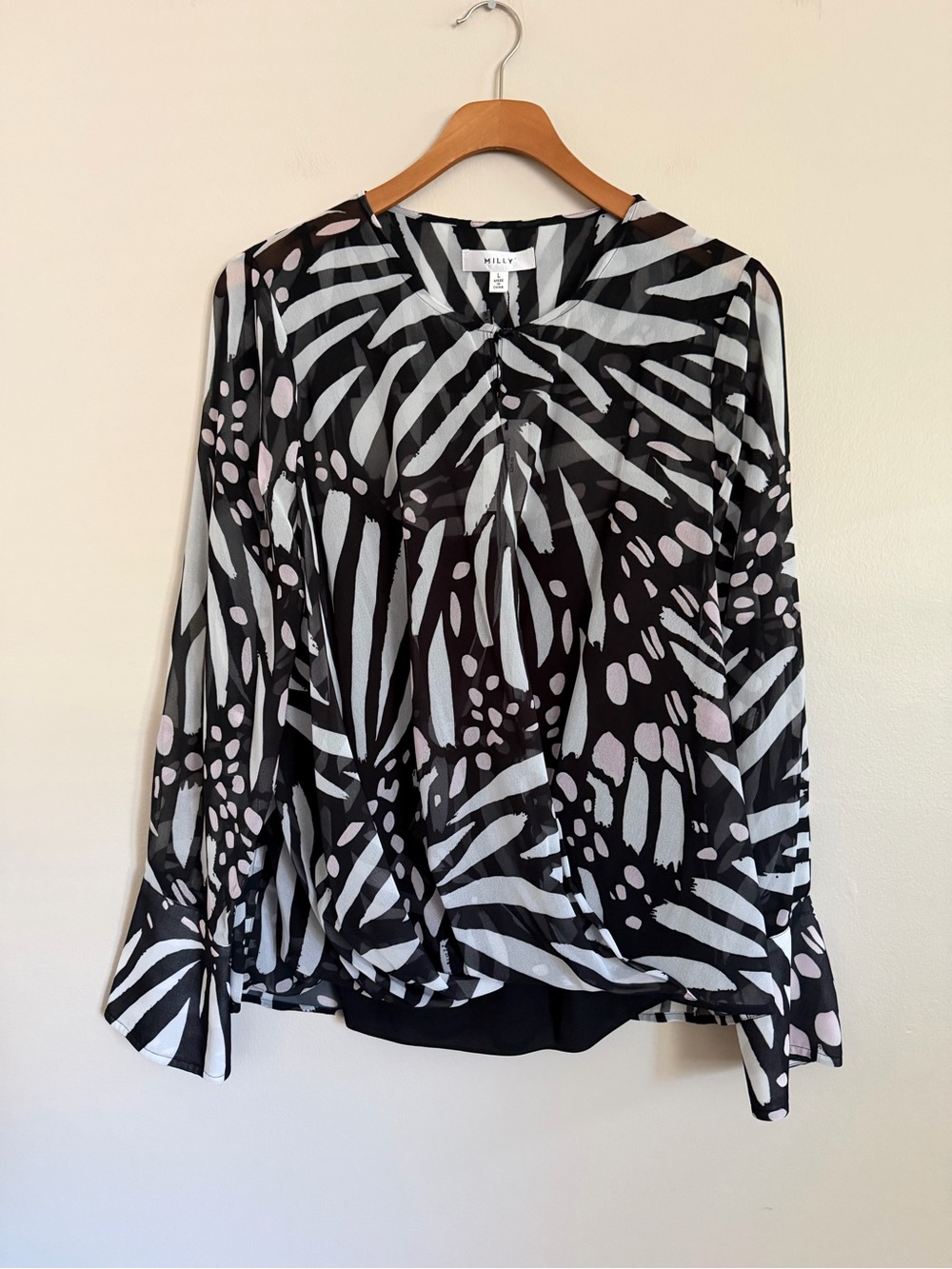 NWT MILLY Elysa Graphic Butterfly Viscose Blouse Black White Sz L